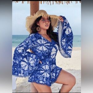 SHEIN Plus Blue and White Tie-Dye Wide Sleeve V Neck Zip Up Romper Size 2XL/16